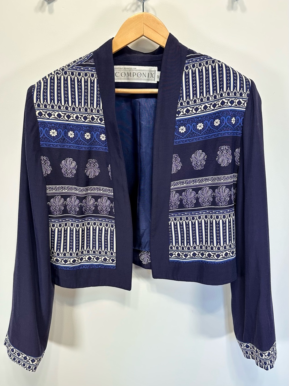 Vintage 90s Marsha Brander Componix Scarf Greek Print Cropped Jacket Rayon 12